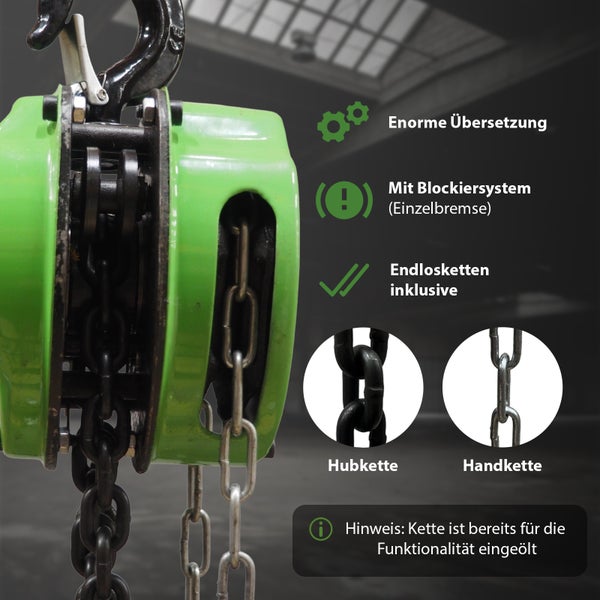 Manueller Kettenzug mit Hubkette und Handkette inklusive Blockiersystem für Hebearbeiten in Werkstatt und Industrie