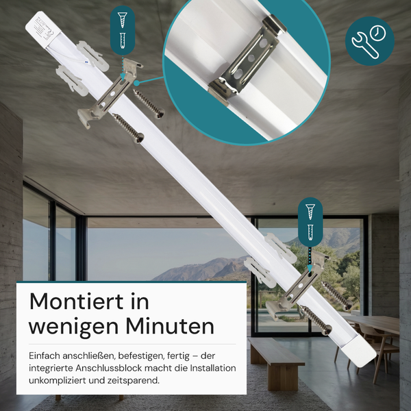 LED Lichtleiste mit Montageclips und Schrauben in einem modernen Wohnraum. Das Bild veranschaulicht die einfache und schnelle Montage.