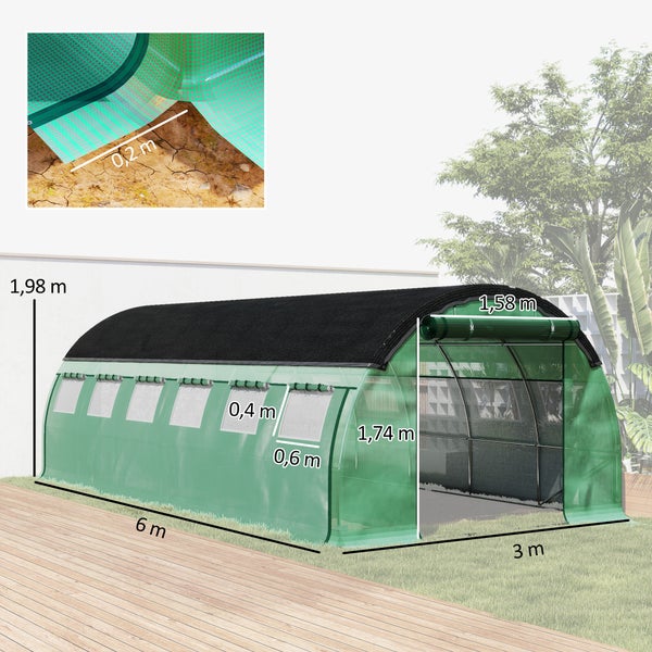 Outsunny Gewächshaus 6 x 3 x 2 m Foliengewächshaus mit 12 Fenster, Rolltüren, Aufrollbar Seitenwänden, UV-beständiger Folientunnel, Winterfest Tomatenhaus mit Erdanker, Grün