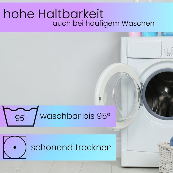 Waschmaschinen-Piktogramme: Waschbar bis 95 Grad und schonend trocknen für hohe Haltbarkeit.