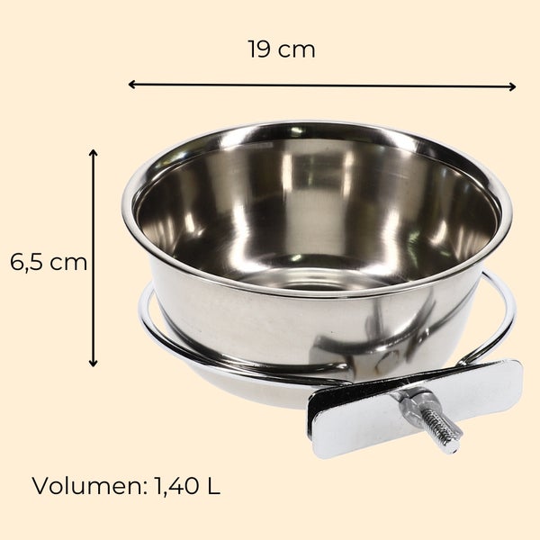 Edelstahlnapf mit Halterung, 19 cm Durchmesser, 6,5 cm Höhe, 1,40 Liter Volumen