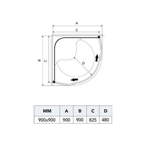 Technische Zeichnung einer Viertelkreis-Duschkabine mit Maßangaben in Millimeter: 900 mal 900, Radius 480.