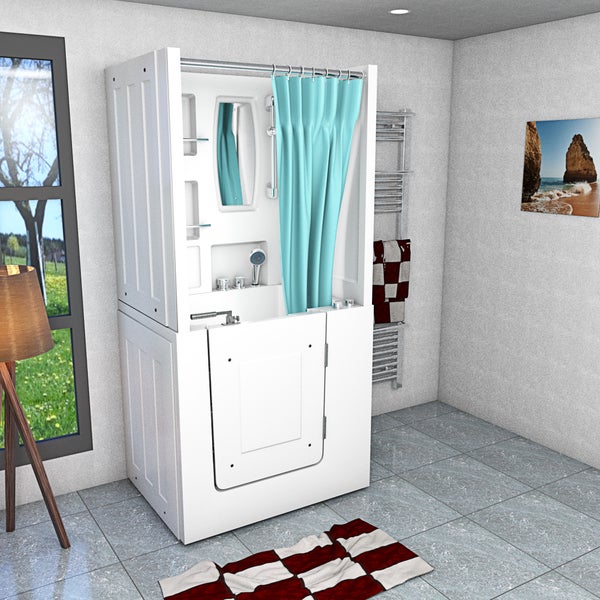 Weiße Seniorenbadewanne mit Einstiegstür und Duschvorhang in einem hellen, modern gefliesten Badezimmer mit großem Fenster.