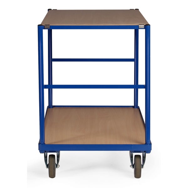 Tischwagen aus blauem Stahl mit zwei Holzböden und vier Lenkrollen.