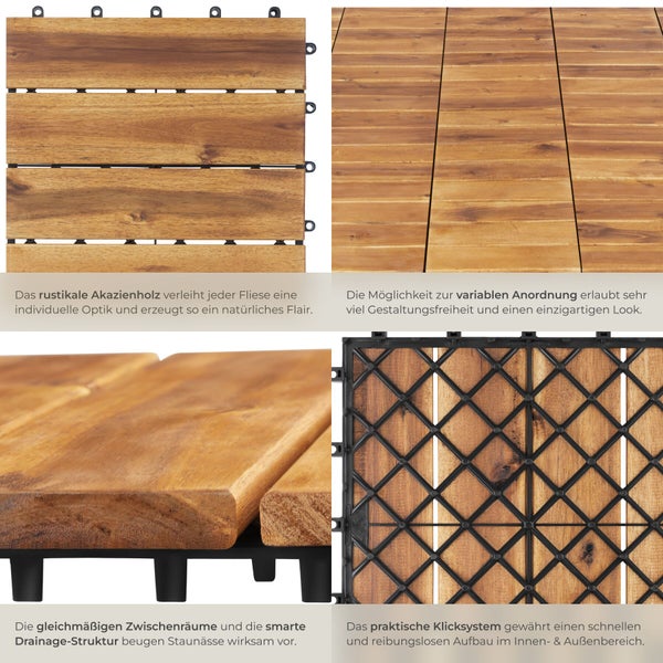 Holzfliesen aus Akazienholz mit Klicksystem für den Innen und Außenbereich inklusive Drainage Unterkonstruktion zur einfachen Verlegung.