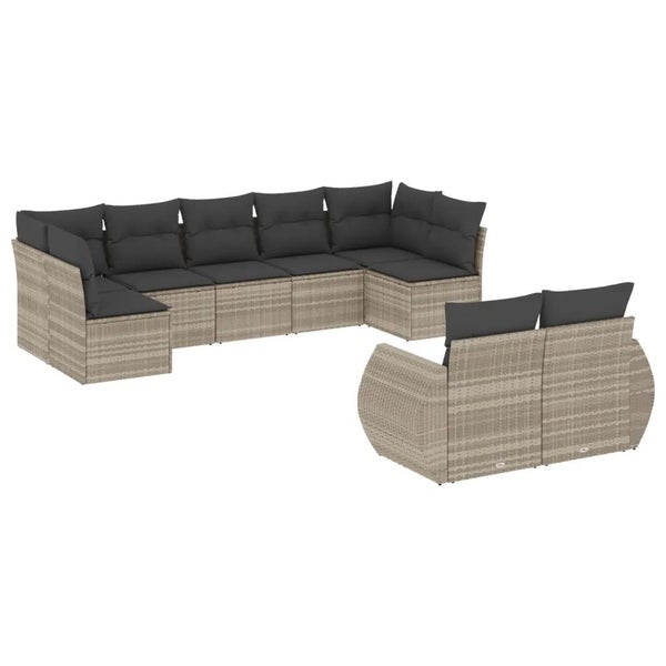 9-tlg. Garten-Sofagarnitur mit Kissen Hellgrau Poly Rattan