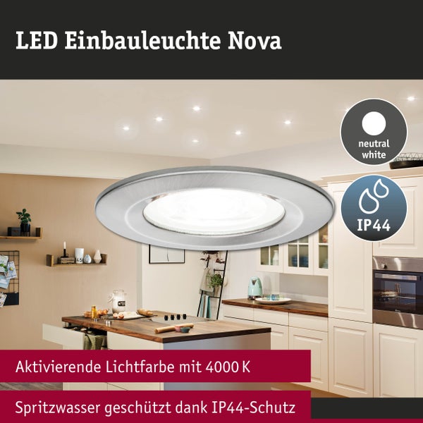 LED-Einbauleuchte Nova in einer hellen Küche, neutralweißes Licht mit 4000 Kelvin und IP44 Spritzwasserschutz.
