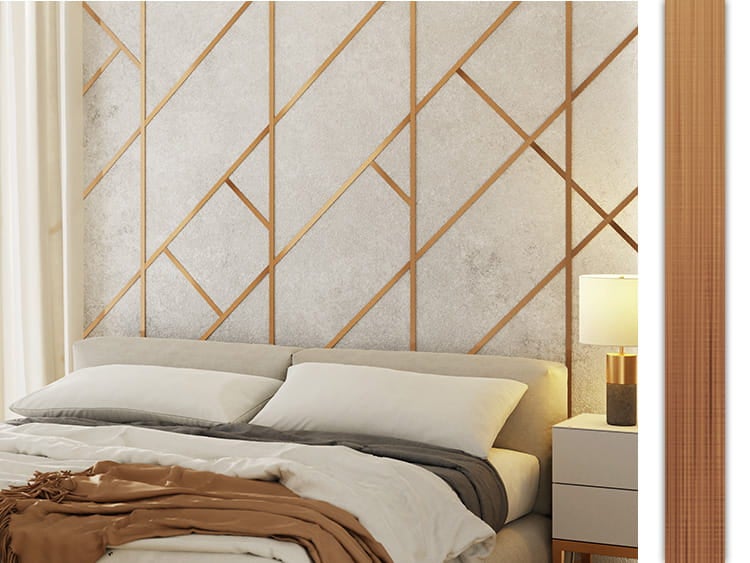 Schlafzimmer mit geometrischer Wandgestaltung und Holzpaneelen
