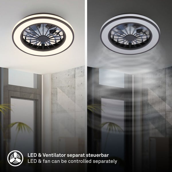 Runde LED Deckenleuchte mit integriertem Ventilator in einem modernen Wohnraum, LED und Ventilator sind separat steuerbar.