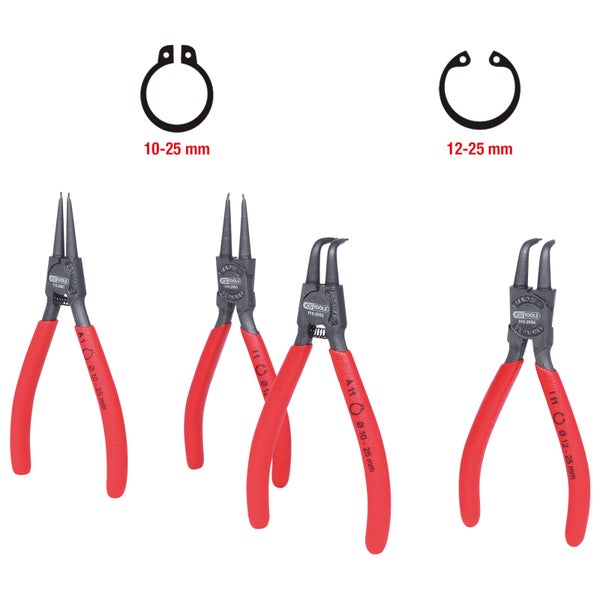 Drei Sprengringzangen mit roten Griffen und unterschiedlichen Spitzenformen