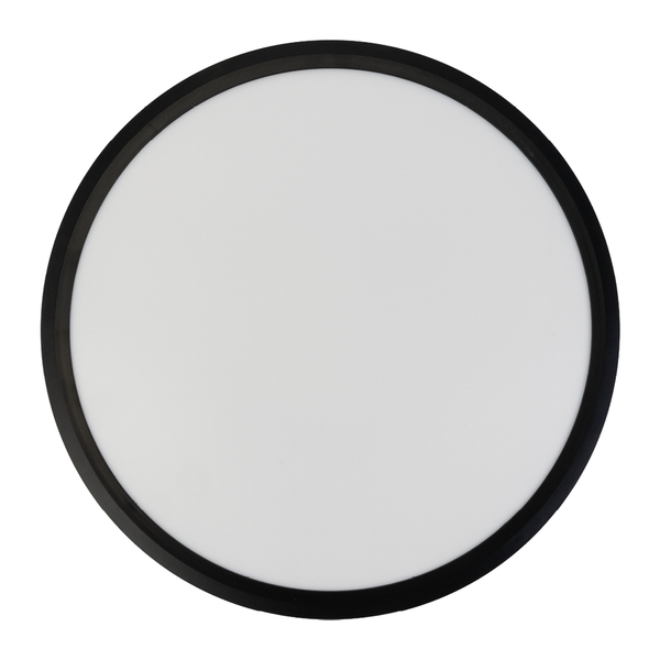 Runde flache LED Deckenleuchte mit schwarzem Rahmen und weißem Diffusor.