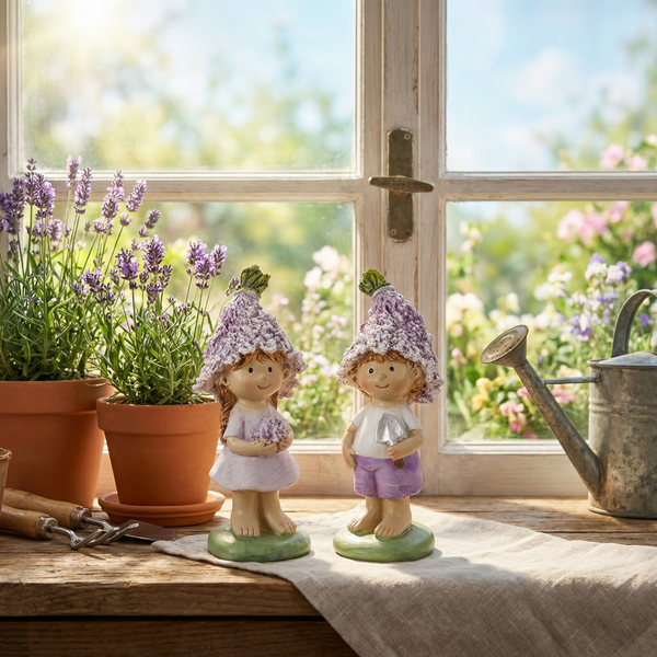Zwei Gartenfiguren von Kindern mit Lavendelhüten auf einer Holzfensterbank neben Lavendel in Tontöpfen und einer Gießkanne.