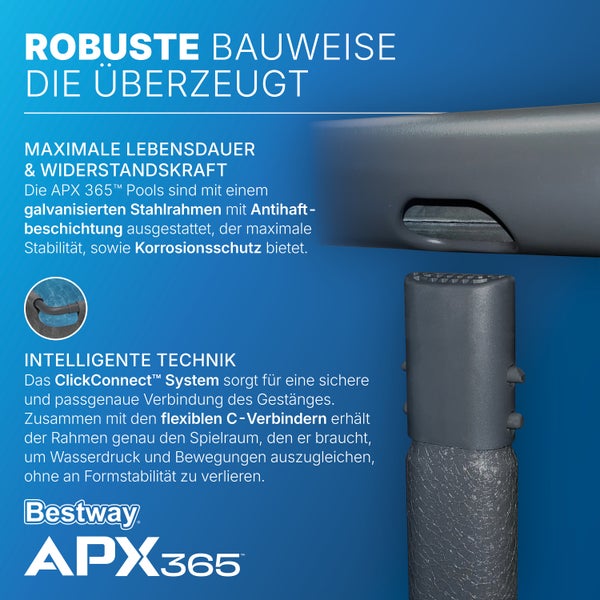 Bestway APX 365 Pool-Rahmen mit ClickConnect-Verbindungssystem und galvanisiertem Stahlrahmen.