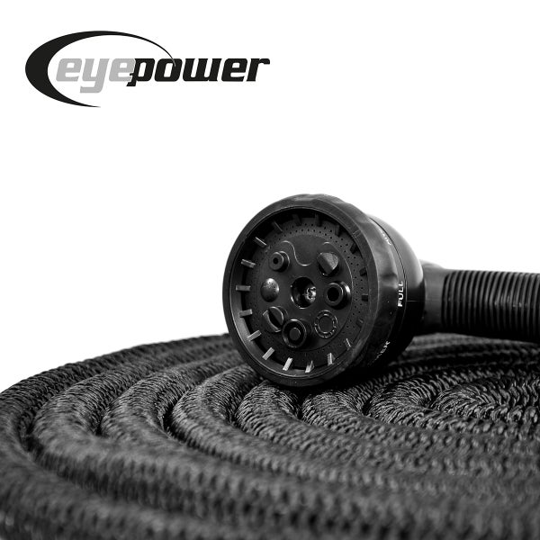 Flexibler Gartenschlauch mit Multifunktions-Sprühdüse und eyepower Logo.
