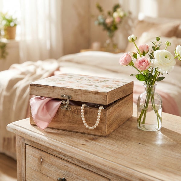 Dekorative Holzschatulle mit Blumenmuster auf dem Deckel, ergänzt durch ein Perlenarmband auf einem Holztisch neben einer Glasvase mit Blumen.