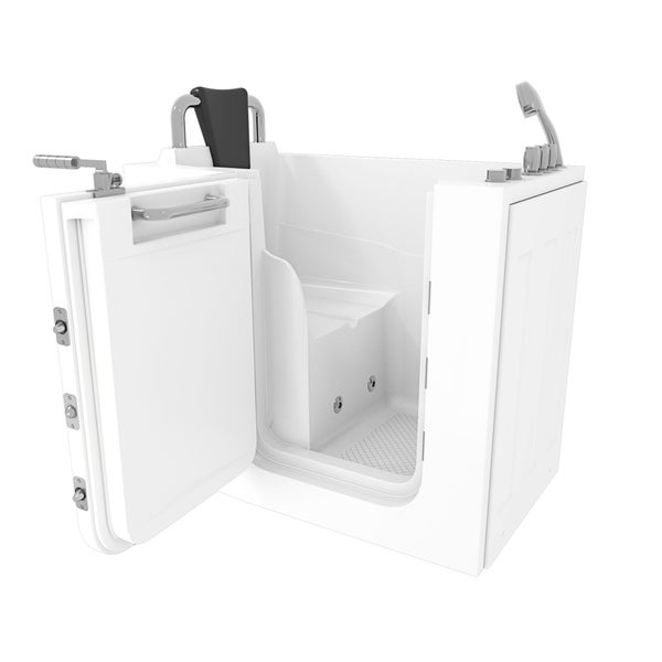 Seniorenbadewanne mit integrierter Tür, Sitzgelegenheit und Handbrause für barrierefreies Badezimmer.