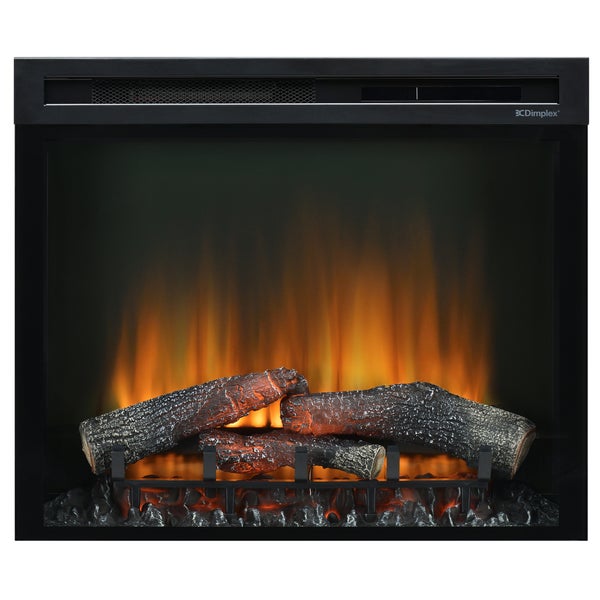 Elektrischer Einbaukamin in Schwarz mit glühenden Holzscheiten, künstlichem Flammen-Effekt und Dimplex Logo.