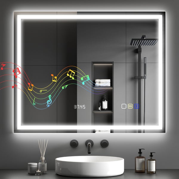 Modernes Badezimmer mit LED-Spiegel, Waschtisch und Dusche