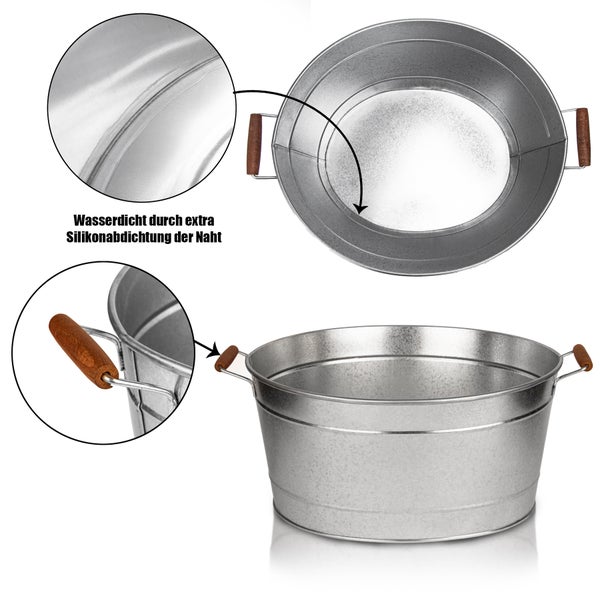 BigDean XXL Zinkwanne - groß + wasserdicht  Ø 50cm x 28 cm H - Gartenteich, Miniteich, Blumenwanne, Pflanzschale, Getränkekühler, Eiskübel oval mit stabilen Holzgriffen zum Bepflanzen und Befüllen