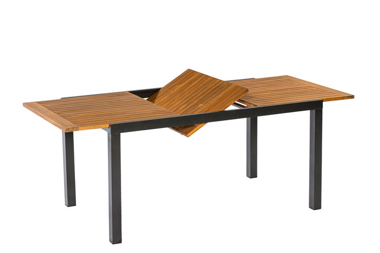 Ausziehbarer Gartentisch mit Holzlamellen und anthrazitfarbenem Metallgestell.