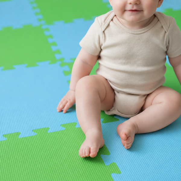 Kleinkind sitzt auf einer weichen Spielmatte mit ineinandergreifendem Puzzle Design für den Innenbereich.