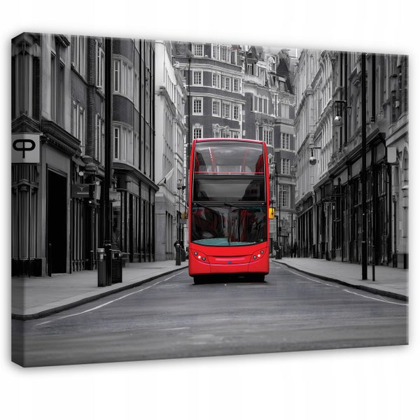 Wandbild mit Motiv eines roten Doppeldeckerbusses in einer schwarz-weißen Londoner Straßenszene.