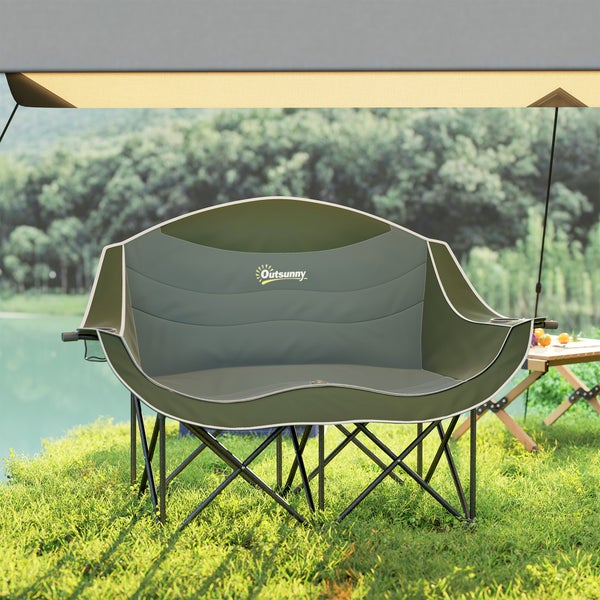 Outsunny Campingbank für zwei Personen mit robustem Metallgestell und Getränkehaltern, ideal für Outdoor Aktivitäten in der Natur.