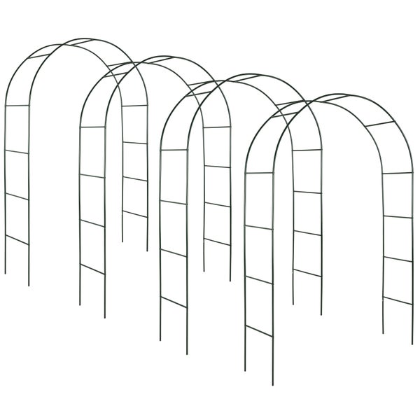 Vier Gartenbögen aus dunkelgrünem Metall als Rankhilfe für Kletterpflanzen.