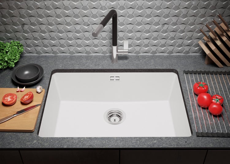 PRIMAGRAN Unterbauspüle Granit Alles Weiß 66x47cm, Spülbecken 1 Becken + Ablauf-Set, Granitspüle ab 70er Unterschrank - London
