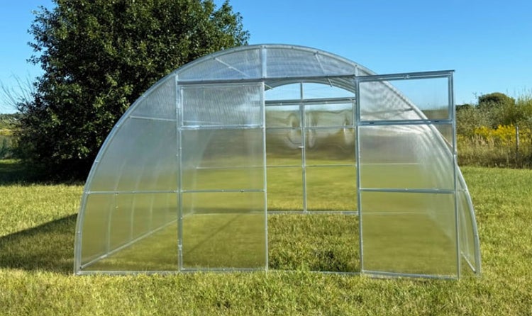 Gewächshaus mit offener Tür auf Rasenfläche