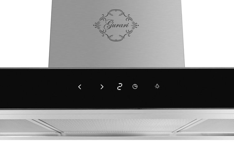 Gurari Dunstabzugshaube mit schwarzem Bedienfeld aus Glas, Edelstahlgehäuse und Gurari Logo.
