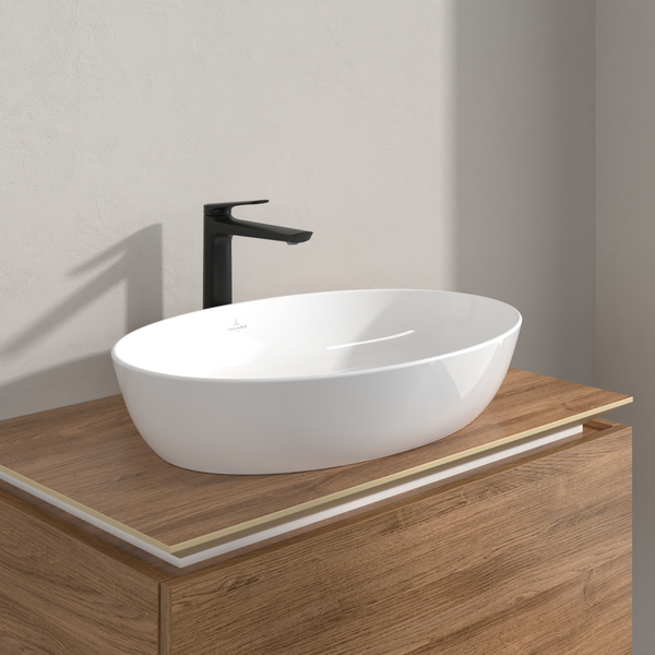 Villeroy & Boch Oasis Waschtischarmatur erhöht, ohne Zugstange, Wasserhahn Bad mit Keramikkartusche, Waschbeckenarmatur wassersparend, Auslauf Höhe 245mm, rund, Matt Black