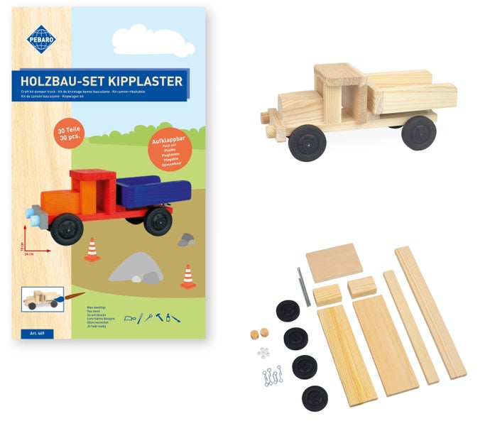 Holzbausatz Kipplaster mit Bauanleitung und Einzelteilen