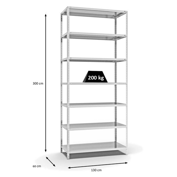 PROREGAL Fachbodenregal Schraubsystem Medium-Duty Grundregal HxBxT 300 x 130 x 60 cm 7 Ebenen Fachlast 200 kg Beidseitig Nutzbar Lichtgrau