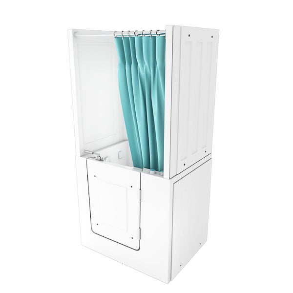 Weiße Seniorenbadewanne mit Tür, integrierter Duschwand und türkisfarbenem Duschvorhang.