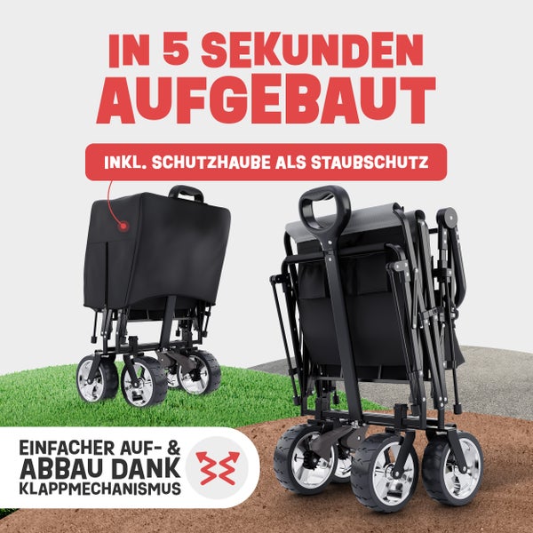 Zusammenklappbarer Bollerwagen mit schwarzer Staubschutzhaube und Profilrädern, dargestellt im aufgebauten und kompakt gefalteten Zustand.