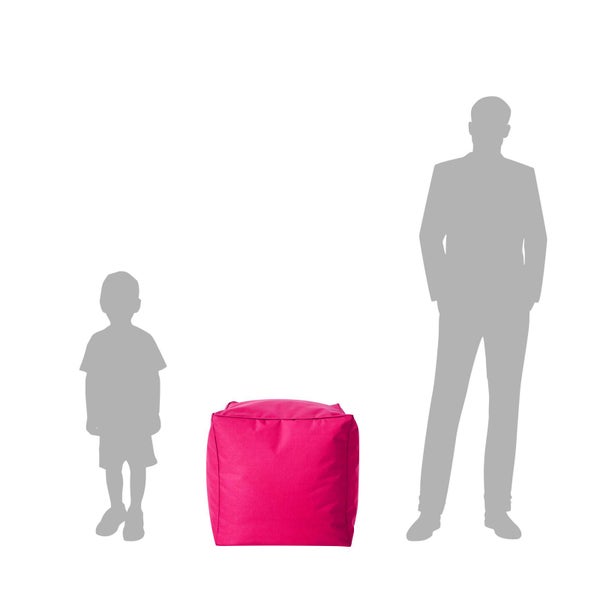 Quadratischer Sitzhocker als Sitzsack mit Größenvergleich durch Personen-Silhouetten