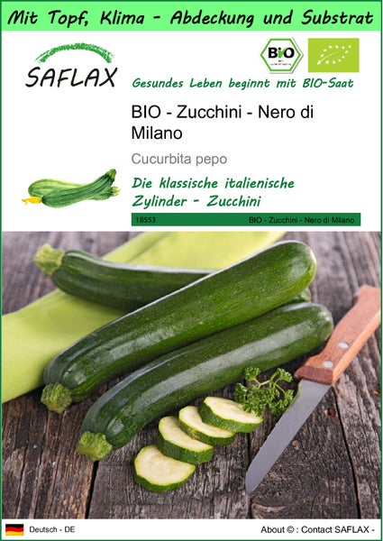 SAFLAX Garden to go - BIO - Zucchini - Nero di Milano - Cucurbita pepo - 6 Samen - Mit Topf, Klima - Deckel und Anzuchtsubstrat