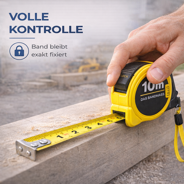 Eine Hand hält ein 10 Meter langes Rollbandmaß an einem Holzbalken und zeigt die Feststellfunktion für präzises Fixieren.