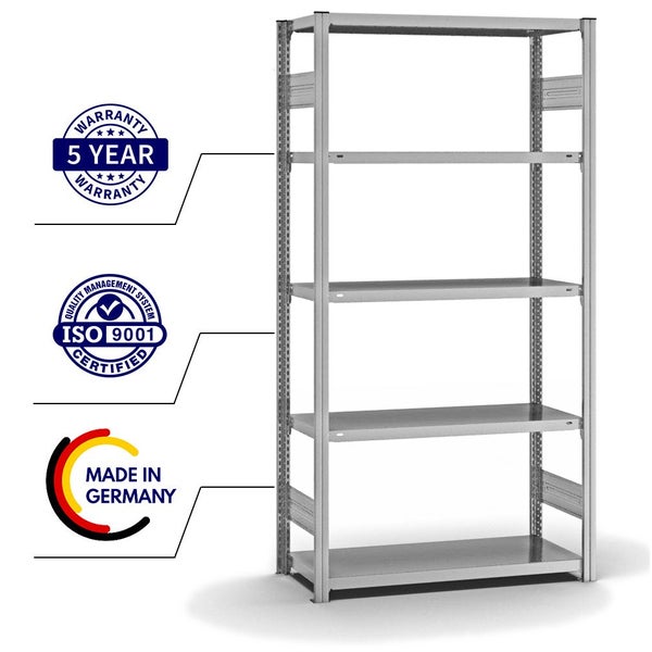 PROREGAL Fachbodenregal Stecksystem T-Profil Light-Duty Grundregal HxBxT 200 x 100 x 40 cm 5 Ebenen Fachlast 145 kg Beidseitig Nutzbar Verzinkt