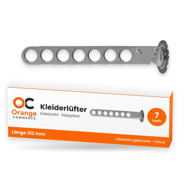 Klappbarer Kleiderlüfter von Orange Commerce aus gebürstetem Edelstahl mit 7 Löchern und 312 Millimeter Länge.