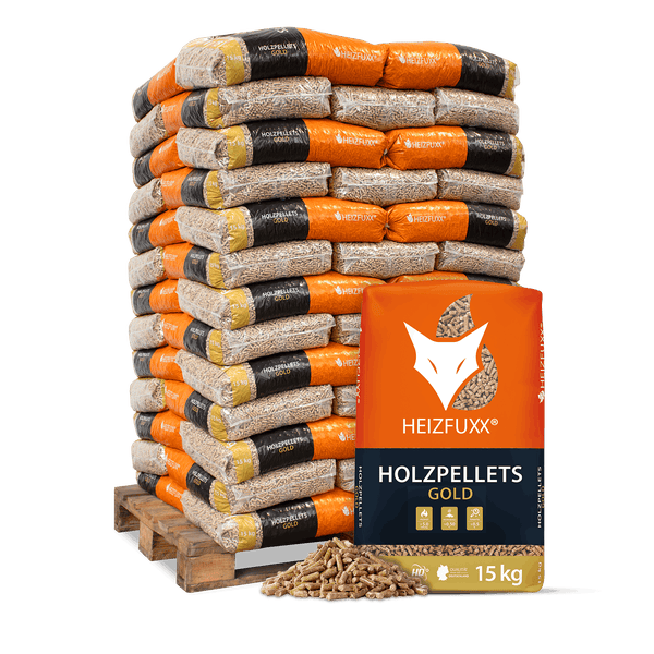 Heizfuxx Holzpellets Gold auf Palette, Säcke zu 15 Kilogramm und lose Holzpellets.