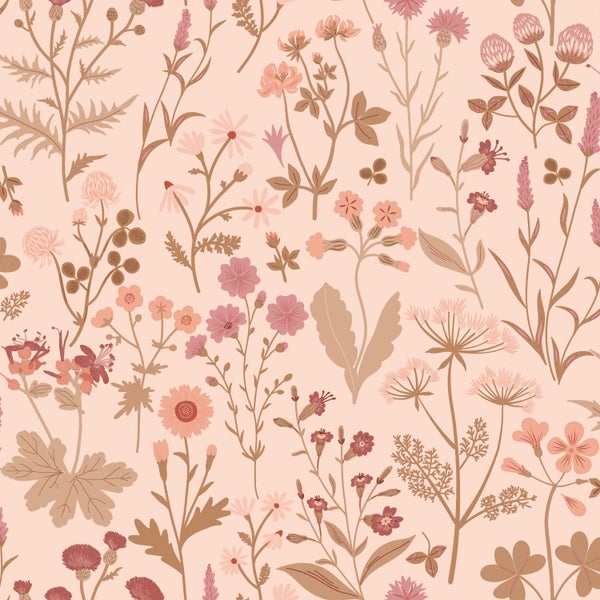 Tapete mit floralem Muster aus verschiedenen Wildblumen und botanischen Illustrationen.