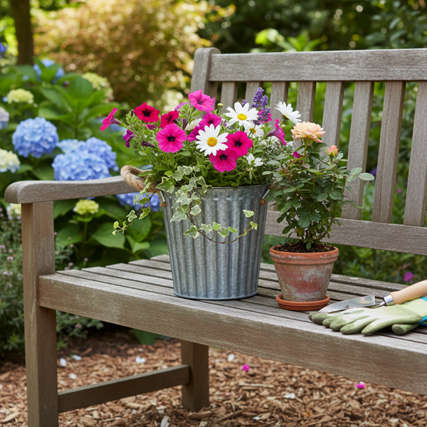 Hölzerne Gartenbank mit einem verzinkten Metalleimer voller Petunien und Gänseblümchen, einer Rose im Tontopf, Gartenhandschuhen und einer Schaufel.