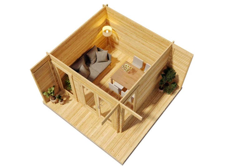 Isometrische Ansicht des Innenraums eines Gartenhauses aus Holz mit Terrasse, Sofa, Esstisch, Stühlen und Topfpflanzen.