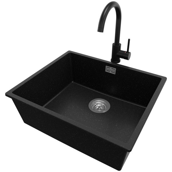 PRIMAGRAN Unterbauspüle Granit Schwarz Metallic 56x47cm, Spülbecken 1 Becken + Küchenarmatur 32x20cm + Ablauf-Set, Granitspüle ab 60er Unterschrank - London