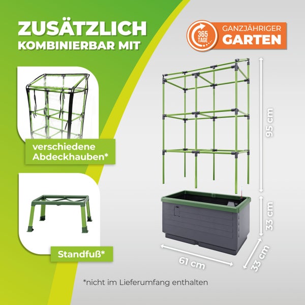 Hochbeet mit Rankgitter aus Kunststoff, einfaches Stecksystem für Kletterpflanzen, optional erweiterbar.