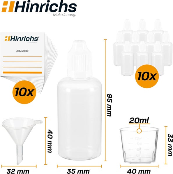 Hinrichs Logo. Set aus 10 Kunststoff-Dosierflaschen, 10 Etiketten, einem Trichter und einem 20 Milliliter Messbecher mit Maßangaben.