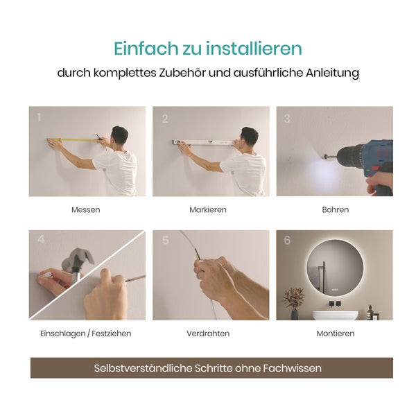 Anleitung zur Spiegelmontage in sechs Schritten: Messen, Markieren, Bohren, Dübel einschlagen und Festziehen, Verdrahten sowie Montieren.