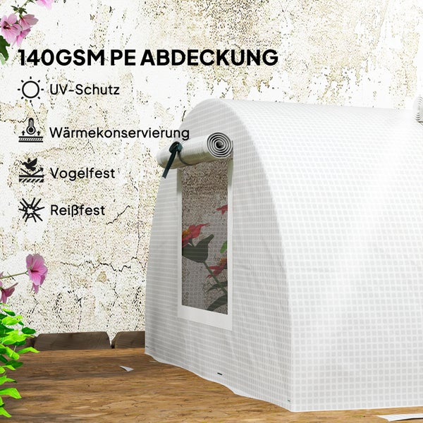 Outsunny Gewächshaus mit Rollfenster Runddach, winterfest Foliengewächshaus aus Stahl wasserabweisend Treibhaus für Balkon Tomatenhaus mit UV schutz 300x80x45cm Tomatengewächshaus für Gemüse, Weiß